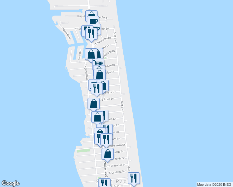 map of restaurants, bars, coffee shops, grocery stores, and more near 125 East Polaris Drive in South Padre Island