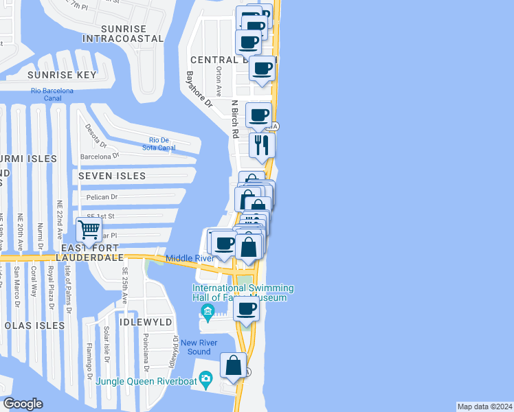 map of restaurants, bars, coffee shops, grocery stores, and more near 17 South Fort Lauderdale Beach Boulevard in Fort Lauderdale