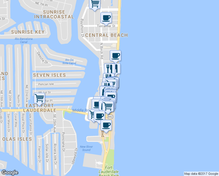 map of restaurants, bars, coffee shops, grocery stores, and more near 17 South Fort Lauderdale Beach Boulevard in Fort Lauderdale