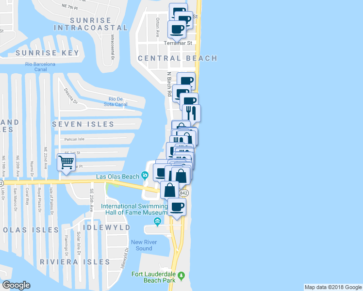 map of restaurants, bars, coffee shops, grocery stores, and more near 17 South Fort Lauderdale Beach Boulevard in Fort Lauderdale