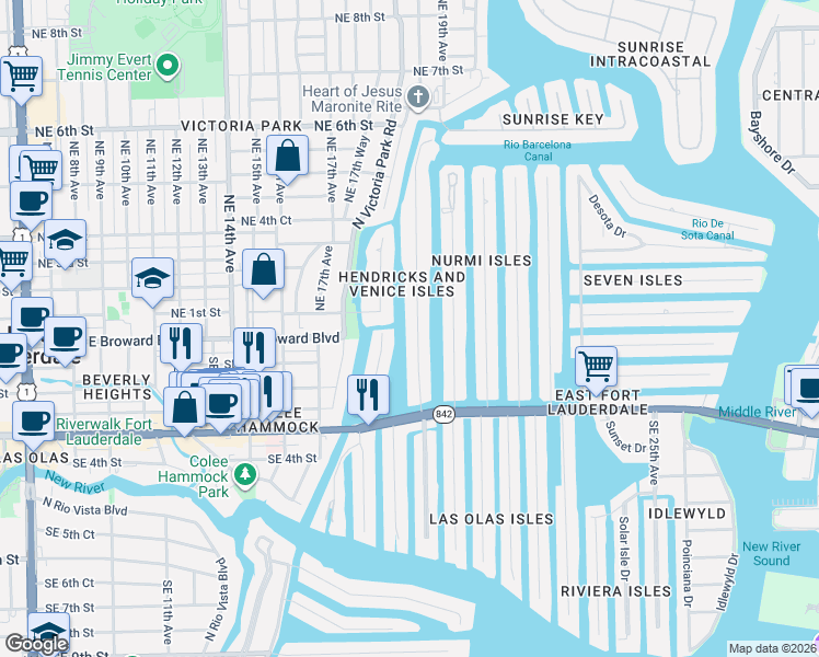 map of restaurants, bars, coffee shops, grocery stores, and more near 65 Hendricks Isle in Fort Lauderdale