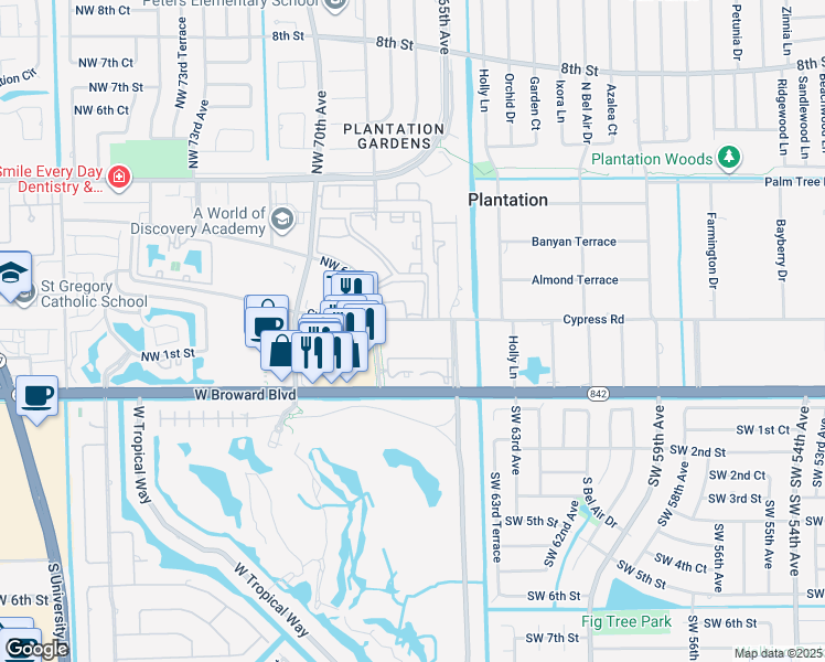 map of restaurants, bars, coffee shops, grocery stores, and more near 6600 Cypress Road in Plantation