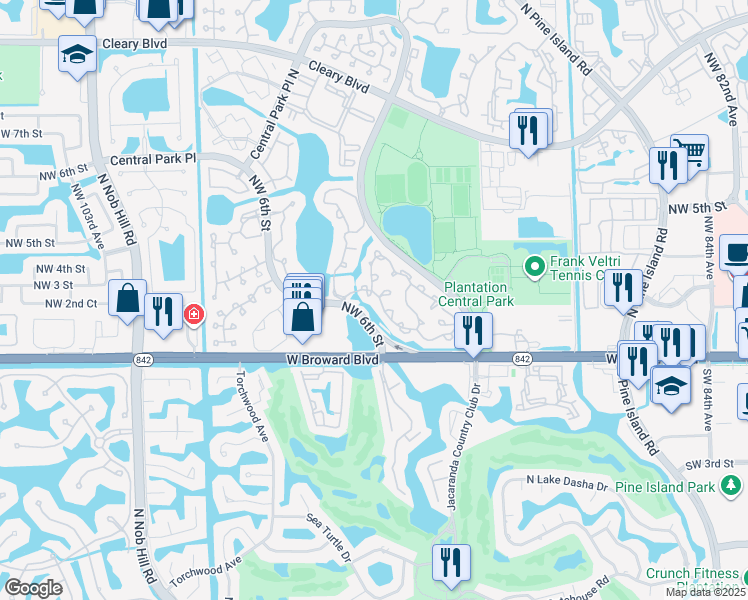 map of restaurants, bars, coffee shops, grocery stores, and more near 9360 Chelsea Drive South in Plantation
