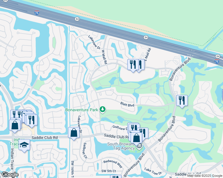map of restaurants, bars, coffee shops, grocery stores, and more near 16738 Hemingway Drive in Weston