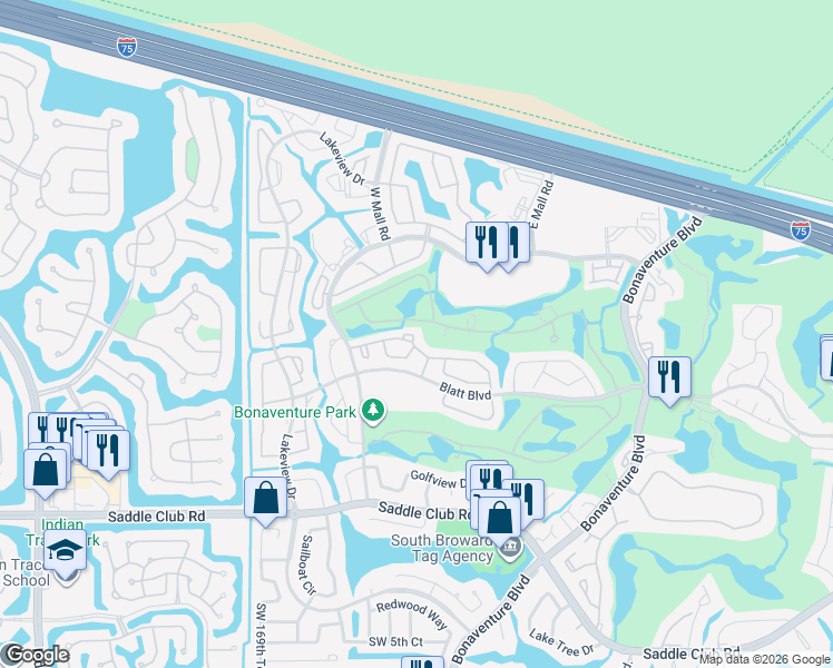 map of restaurants, bars, coffee shops, grocery stores, and more near 16721 Hemingway Drive in Weston