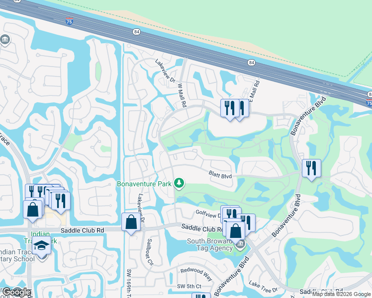 map of restaurants, bars, coffee shops, grocery stores, and more near 16738 Hemingway Drive in Weston