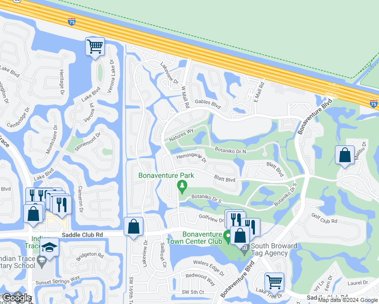 map of restaurants, bars, coffee shops, grocery stores, and more near 16741 Hemingway Drive in Weston