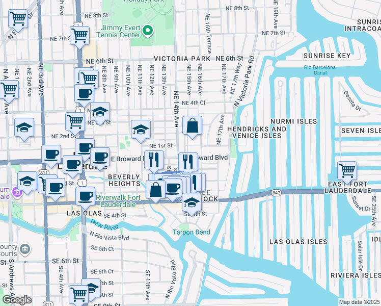 map of restaurants, bars, coffee shops, grocery stores, and more near 1500 East Broward Boulevard in Fort Lauderdale