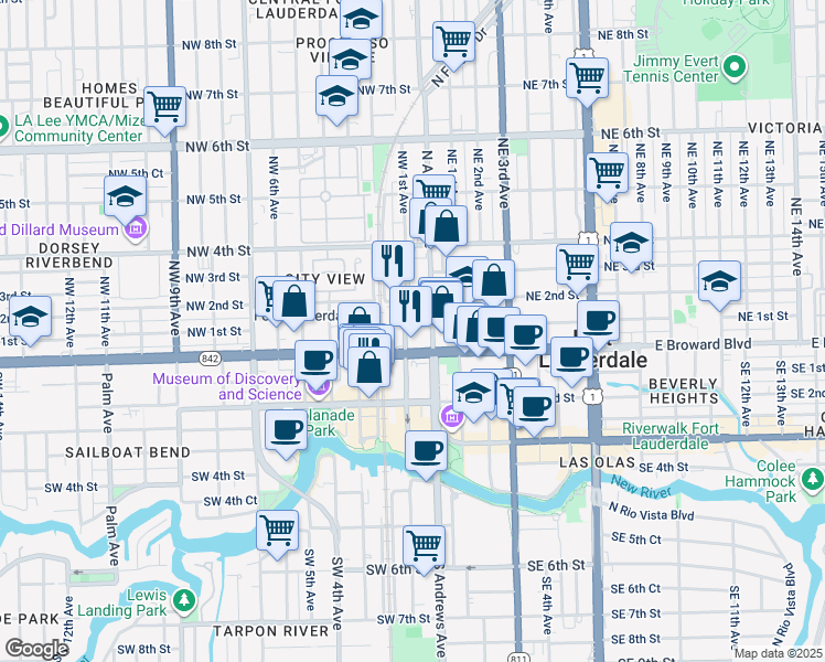 map of restaurants, bars, coffee shops, grocery stores, and more near 37 Northwest 1st Avenue in Fort Lauderdale