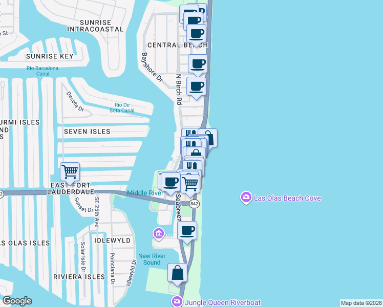 map of restaurants, bars, coffee shops, grocery stores, and more near 17 South Fort Lauderdale Beach Boulevard in Fort Lauderdale