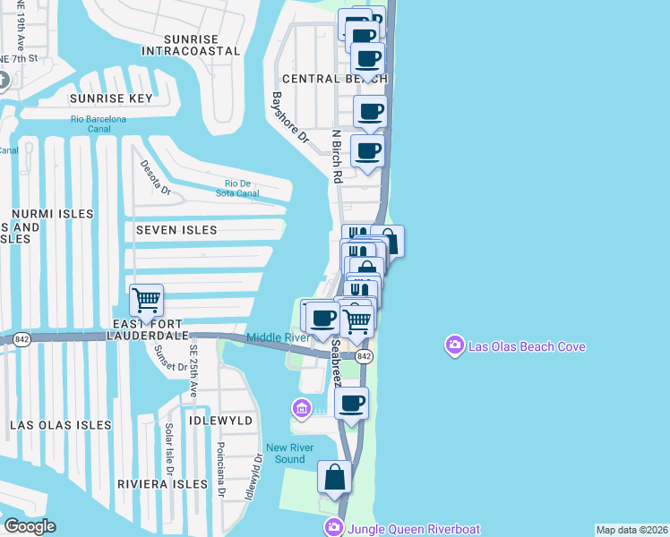 map of restaurants, bars, coffee shops, grocery stores, and more near 1 North Birch Road in Fort Lauderdale