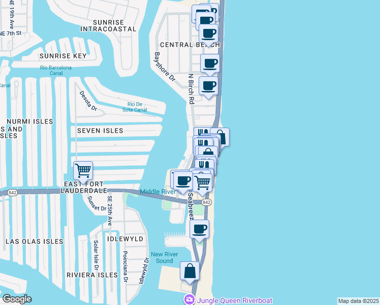 map of restaurants, bars, coffee shops, grocery stores, and more near 1 North Birch Road in Fort Lauderdale