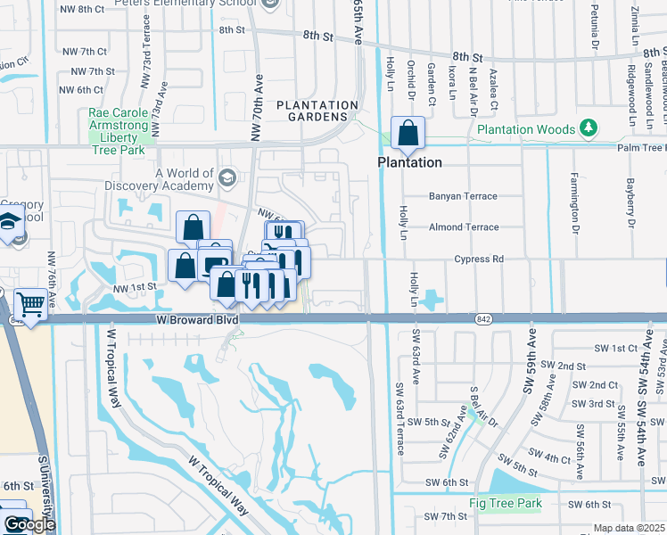 map of restaurants, bars, coffee shops, grocery stores, and more near 6600 Cypress Road in Plantation