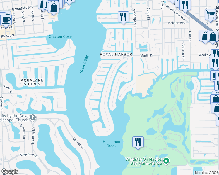 map of restaurants, bars, coffee shops, grocery stores, and more near 2160 Snook Drive in Naples