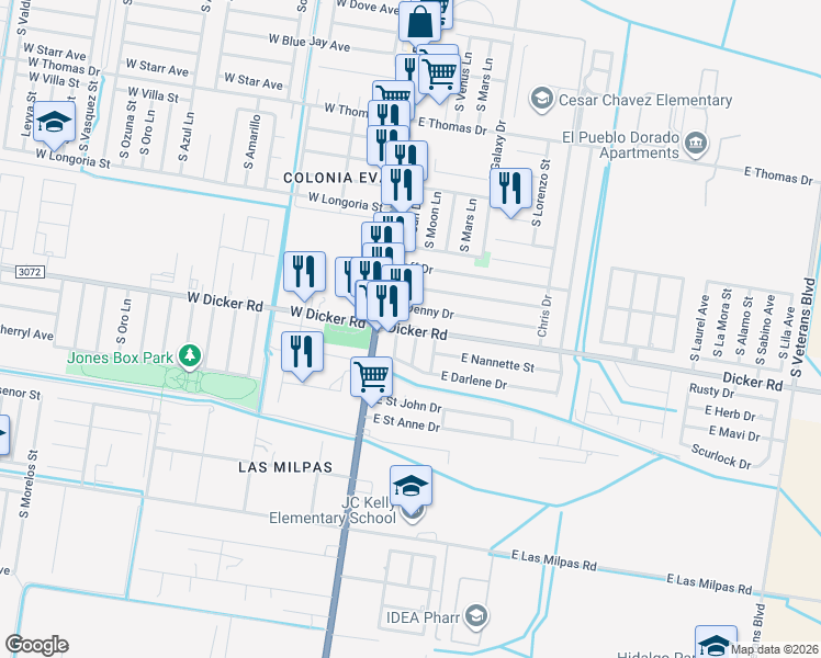 map of restaurants, bars, coffee shops, grocery stores, and more near 7409 South Dianne Drive in Pharr