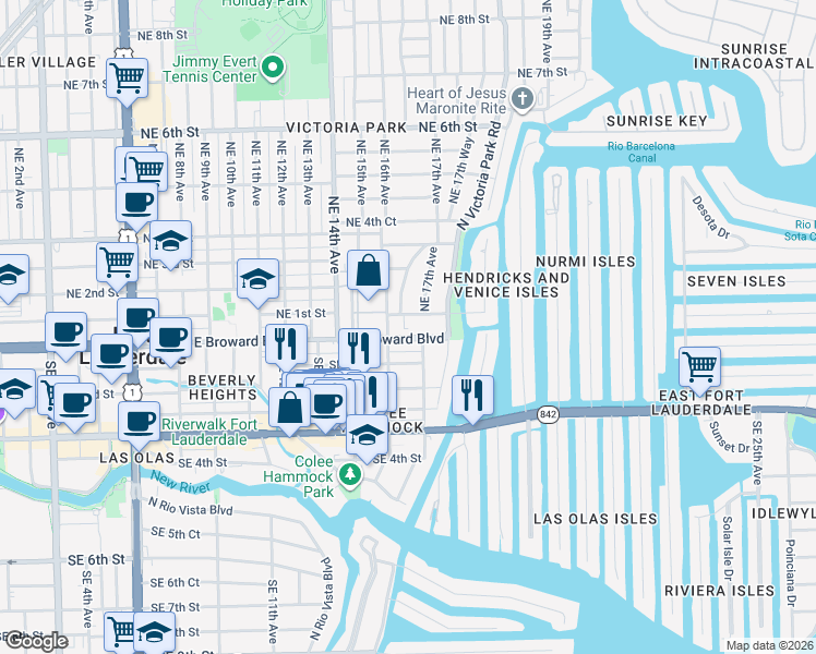 map of restaurants, bars, coffee shops, grocery stores, and more near 1610 Northeast 1st Street in Fort Lauderdale