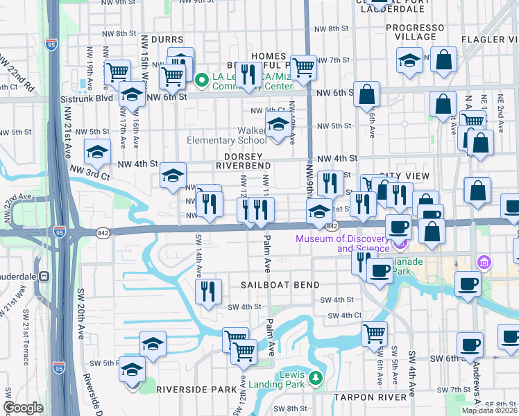 map of restaurants, bars, coffee shops, grocery stores, and more near 1175 West Broward Boulevard in Fort Lauderdale