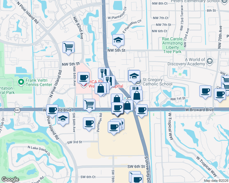map of restaurants, bars, coffee shops, grocery stores, and more near 181 North University Drive in Plantation