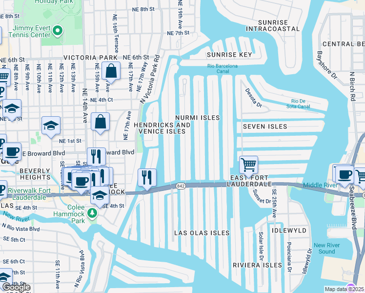 map of restaurants, bars, coffee shops, grocery stores, and more near 57 Isle of Venice Drive in Fort Lauderdale