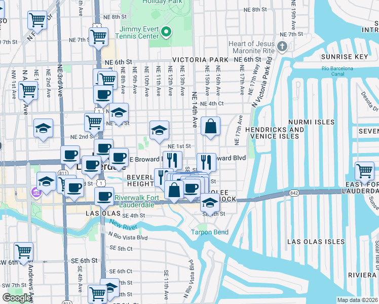 map of restaurants, bars, coffee shops, grocery stores, and more near 2 Southeast 13th Avenue in Fort Lauderdale