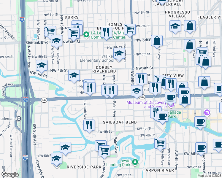map of restaurants, bars, coffee shops, grocery stores, and more near 1175 West Broward Boulevard in Fort Lauderdale