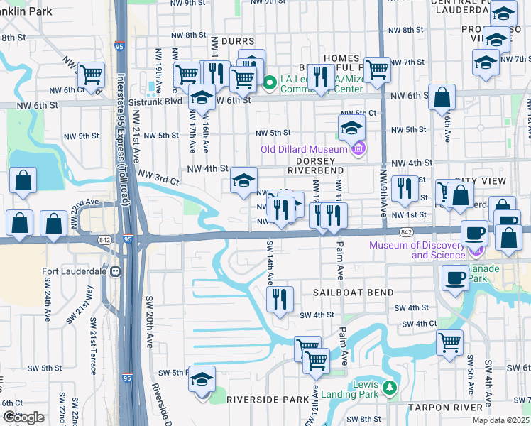 map of restaurants, bars, coffee shops, grocery stores, and more near 1405 West Broward Boulevard in Fort Lauderdale