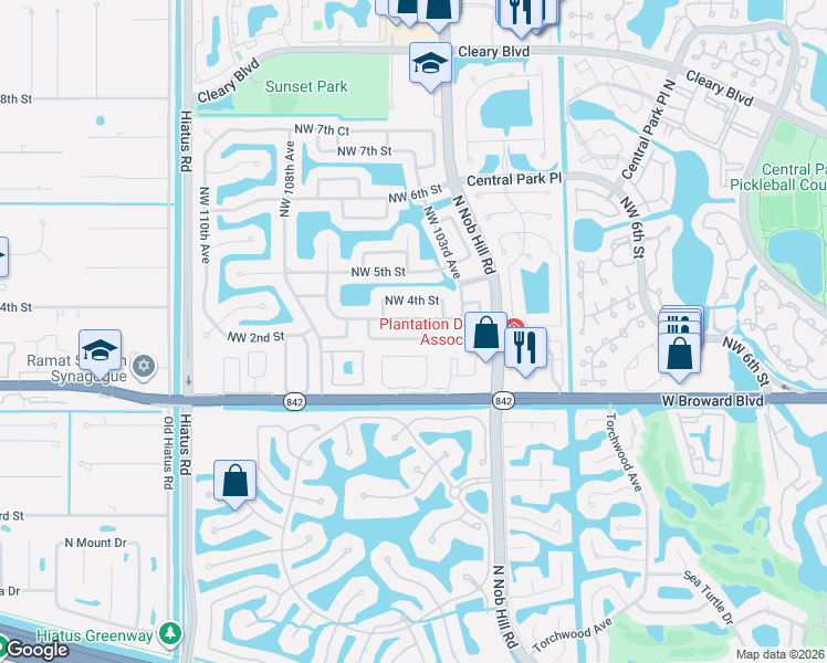 map of restaurants, bars, coffee shops, grocery stores, and more near 10496 Northwest 2nd Court in Plantation