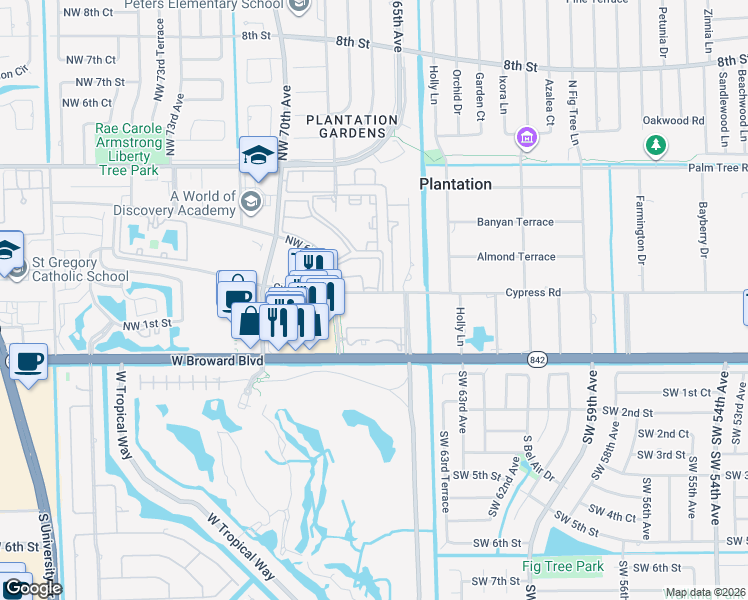 map of restaurants, bars, coffee shops, grocery stores, and more near 6600 Cypress Road in Plantation