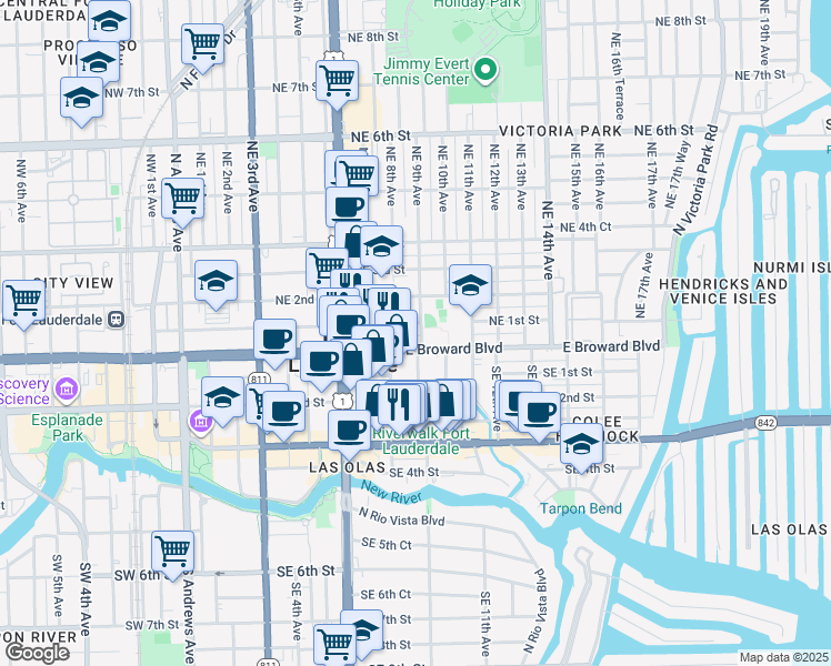 map of restaurants, bars, coffee shops, grocery stores, and more near 17 Northeast 9th Avenue in Fort Lauderdale