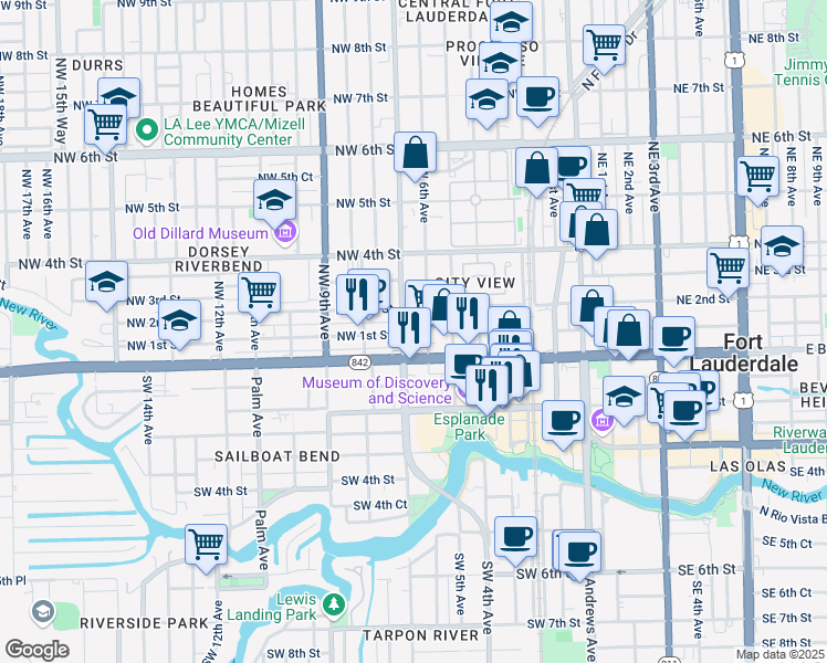 map of restaurants, bars, coffee shops, grocery stores, and more near 601 West Broward Boulevard in Fort Lauderdale