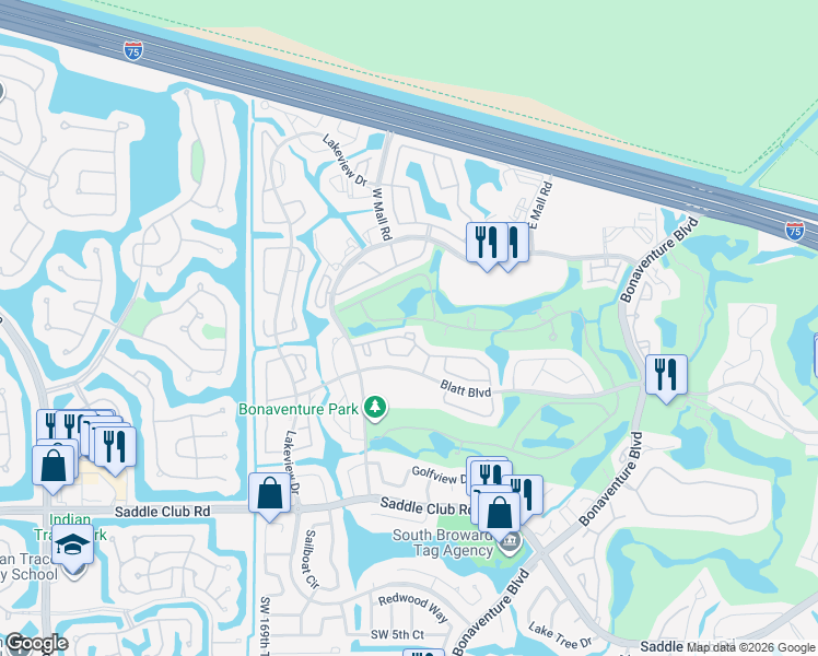 map of restaurants, bars, coffee shops, grocery stores, and more near 16738 Hemingway Drive in Weston