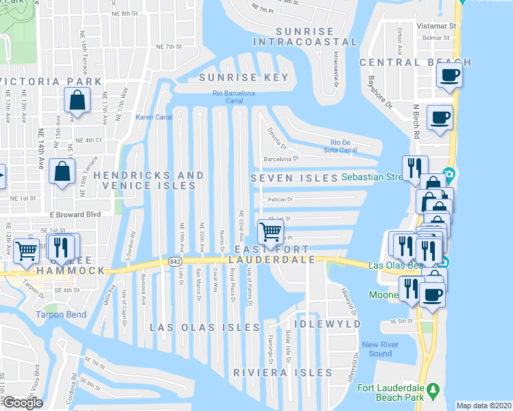 map of restaurants, bars, coffee shops, grocery stores, and more near 21 Southeast 23rd Avenue in Fort Lauderdale