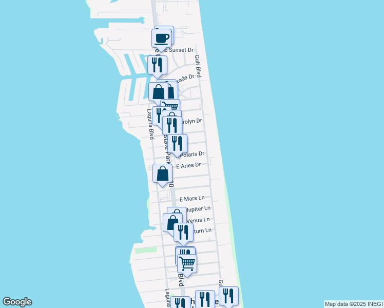 map of restaurants, bars, coffee shops, grocery stores, and more near 116 East Aries Drive in South Padre Island