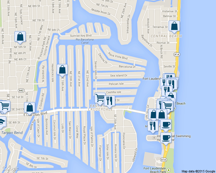 map of restaurants, bars, coffee shops, grocery stores, and more near 2423 Castilla Isle in Fort Lauderdale