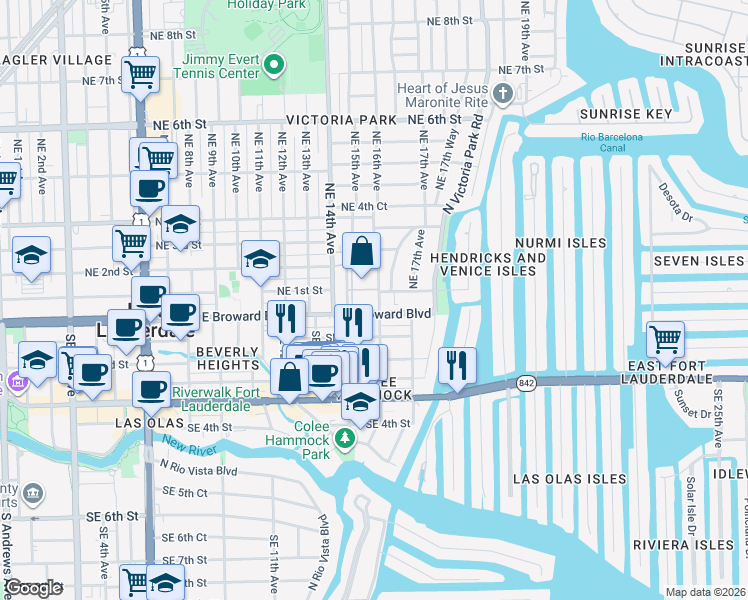 map of restaurants, bars, coffee shops, grocery stores, and more near 1604 East Broward Boulevard in Fort Lauderdale