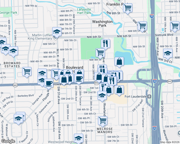 map of restaurants, bars, coffee shops, grocery stores, and more near 147 Northwest 28th Terrace in Fort Lauderdale