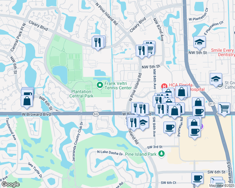 map of restaurants, bars, coffee shops, grocery stores, and more near 9211 West Broward Boulevard in Plantation