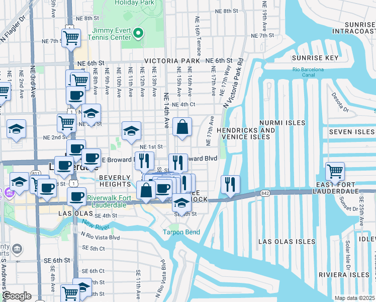map of restaurants, bars, coffee shops, grocery stores, and more near 1604 East Broward Boulevard in Fort Lauderdale