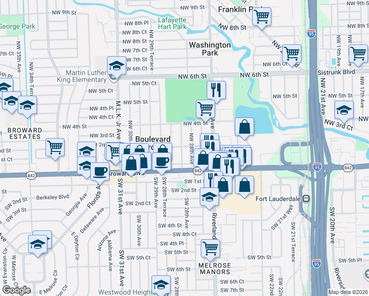 map of restaurants, bars, coffee shops, grocery stores, and more near 130 Northwest 28th Terrace in Fort Lauderdale