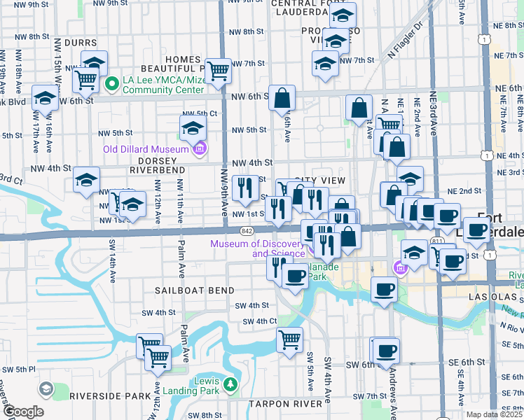 map of restaurants, bars, coffee shops, grocery stores, and more near 711 West Broward Boulevard in Fort Lauderdale