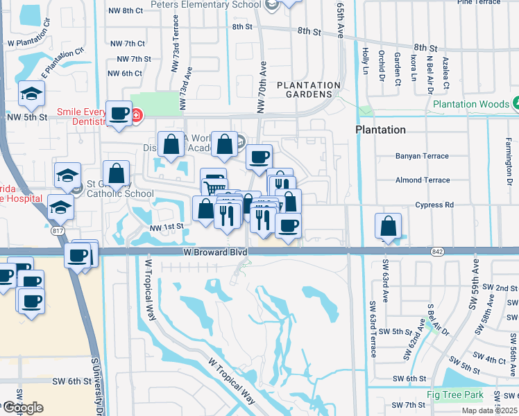 map of restaurants, bars, coffee shops, grocery stores, and more near 150 Northwest 70th Avenue in Plantation