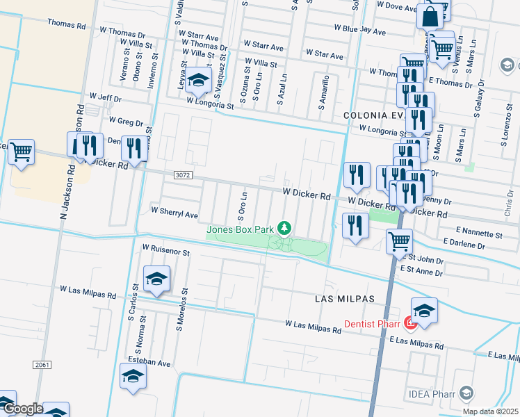 map of restaurants, bars, coffee shops, grocery stores, and more near 7609 South Naranja Lane in Pharr