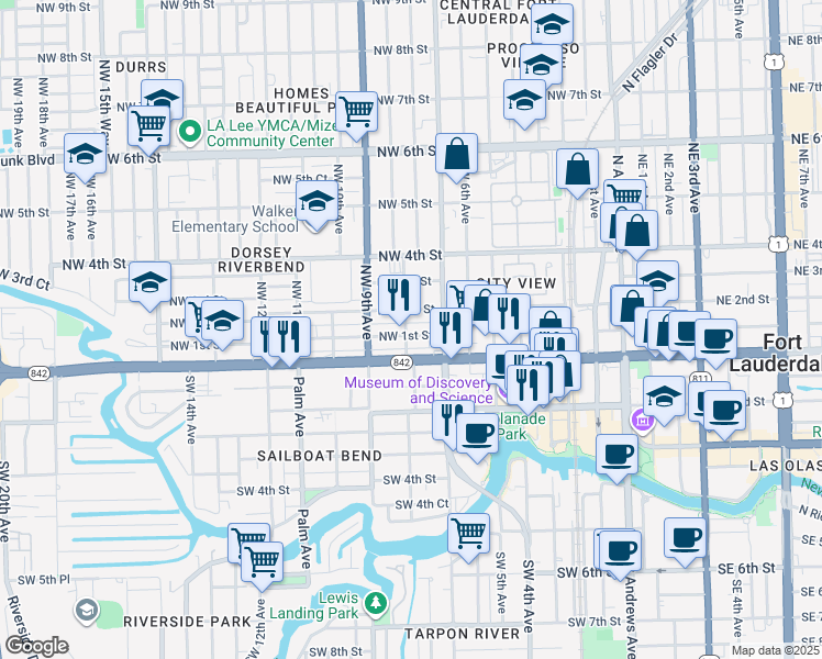 map of restaurants, bars, coffee shops, grocery stores, and more near 805 West Broward Boulevard in Fort Lauderdale