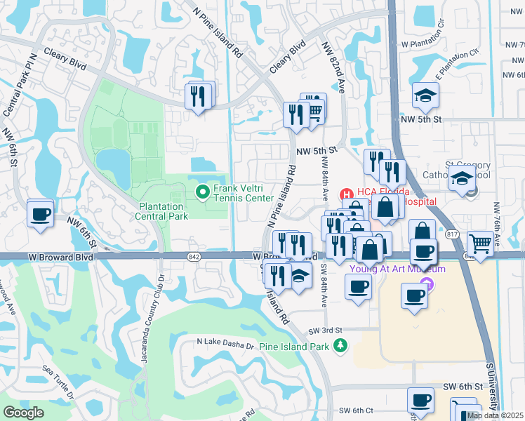 map of restaurants, bars, coffee shops, grocery stores, and more near 301 North Pine Island Road in Plantation