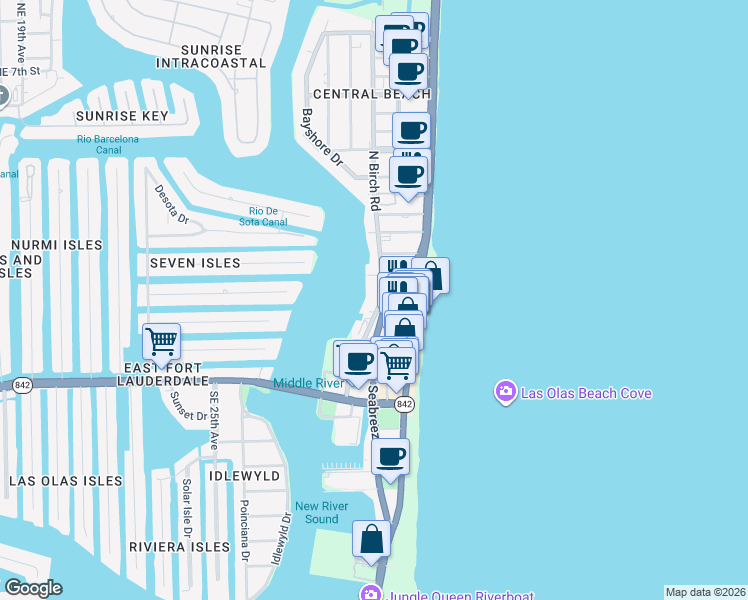 map of restaurants, bars, coffee shops, grocery stores, and more near 111 North Birch Road in Fort Lauderdale