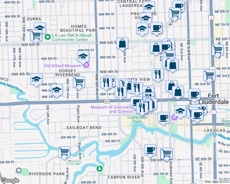 map of restaurants, bars, coffee shops, grocery stores, and more near 705 Northwest 2nd Street in Fort Lauderdale