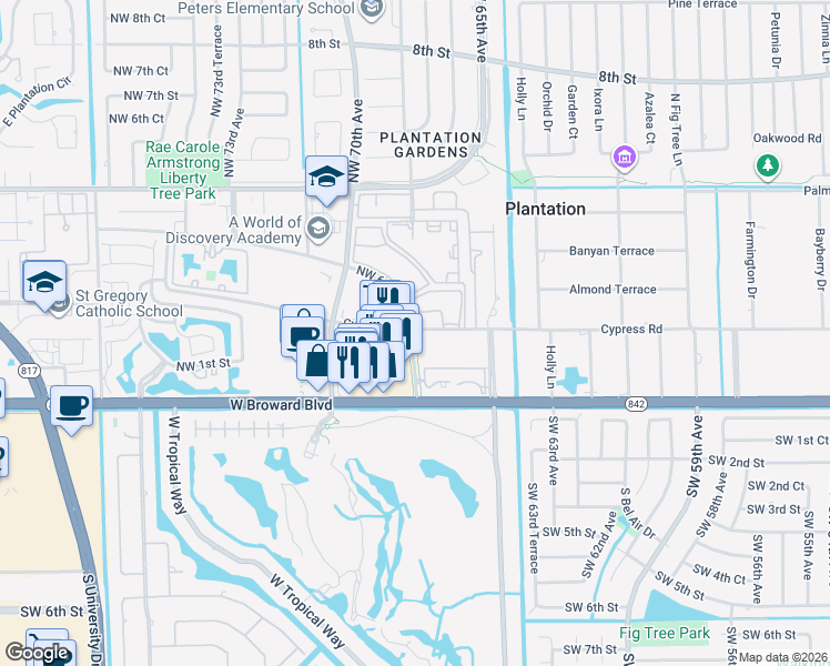 map of restaurants, bars, coffee shops, grocery stores, and more near 6751 Cypress Road in Plantation
