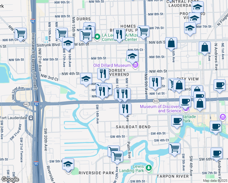 map of restaurants, bars, coffee shops, grocery stores, and more near 1220 Northwest 3rd Street in Fort Lauderdale
