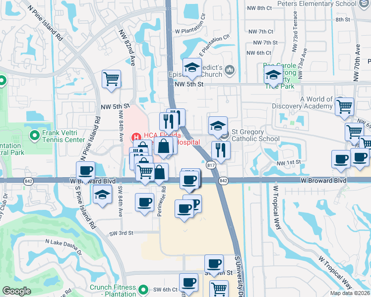 map of restaurants, bars, coffee shops, grocery stores, and more near 201 North University Drive in Plantation