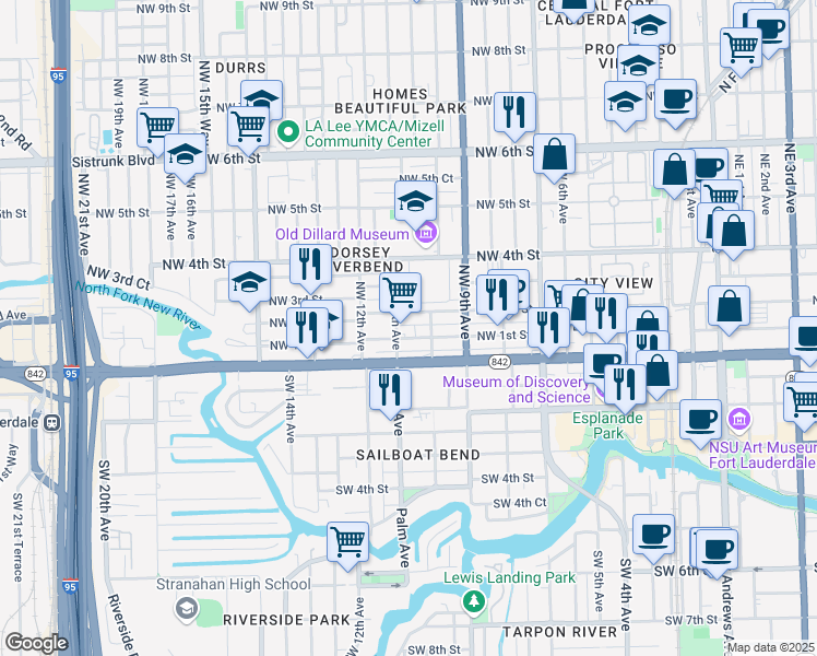 map of restaurants, bars, coffee shops, grocery stores, and more near 1024 South Dixie Court in Fort Lauderdale